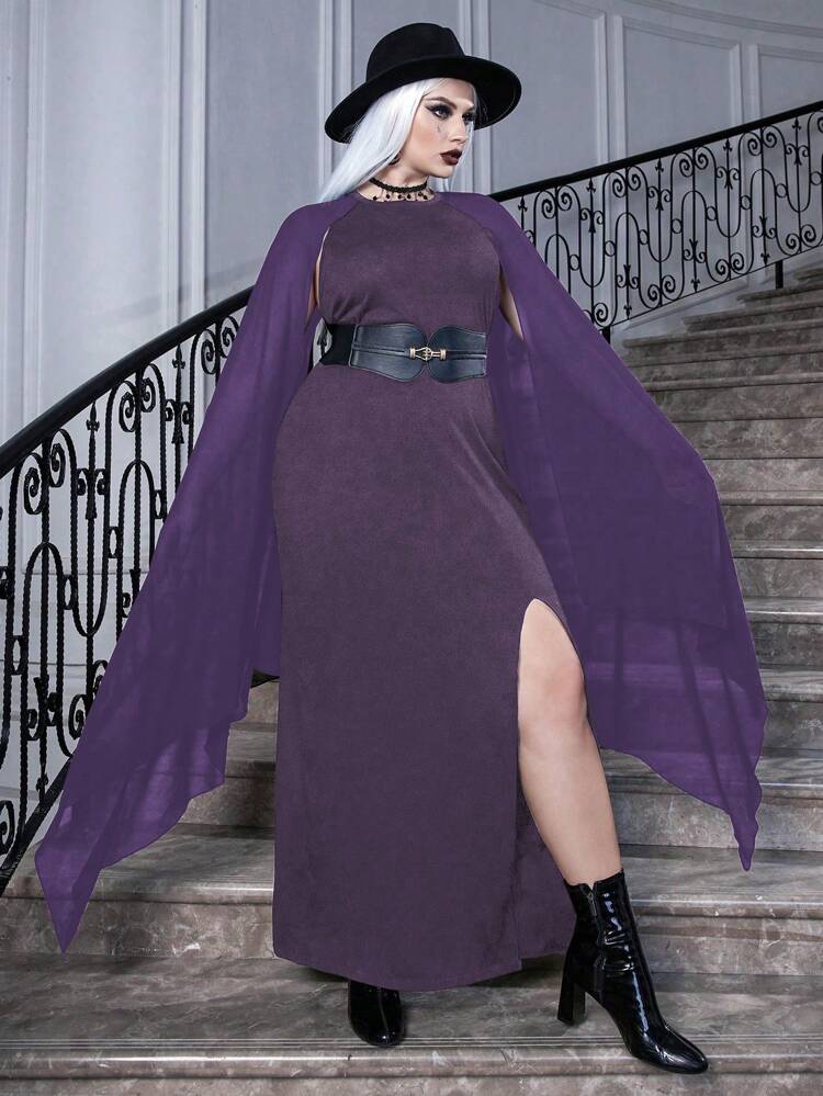 Plus Solid Split Thigh Dress Without Belt