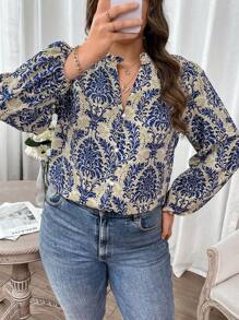 SHEIN Franclia Plus Allover Print Lantern Sleeve Blouse Women Shirt - Navy Blue - View 1