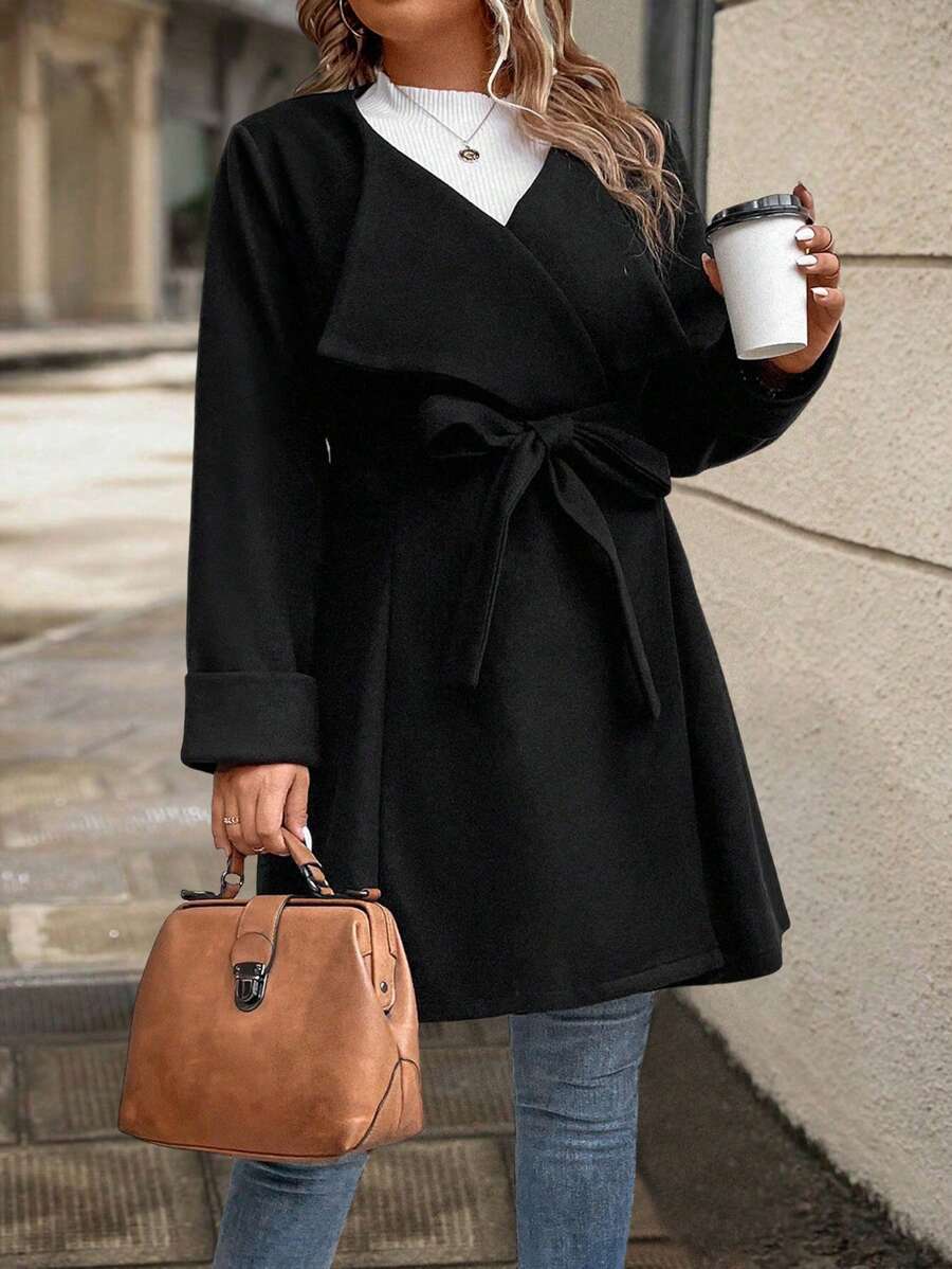 SHEIN LUNE Plus Solid Belted Overcoat - Black - View 1