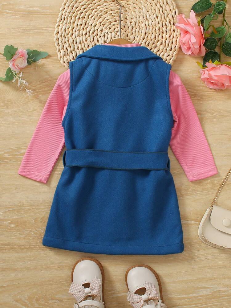 Baby Girl Flap Detail Belted Vest Coat & Tee