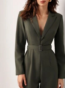 ODELIAR Designer Lapel Neck Belted Wide Leg Jumpsuit, Fall, For Autumn & Winter, Holiday - Army Green - View 5