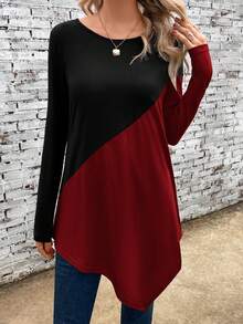 SHEIN LUNE Hai âm Viền không đối xứng Áo thun - Màu Đỏ Sâu - Xem 6