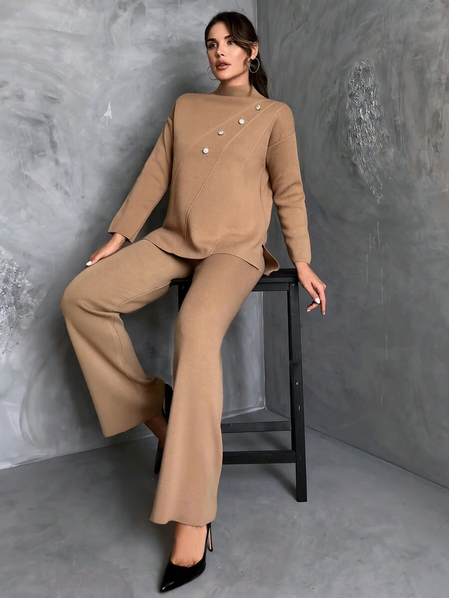 小高領紐扣細節套頭毛衣&喇叭針織長褲 - 駝色 - 查看 1