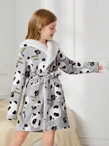 SHEIN Cô gái Tween Hình ảnh Panda & Chữ cái áo có mũ Thắt lưng Flannel Áo choàng ngủ - Màu Xám nhạt - Xem 6