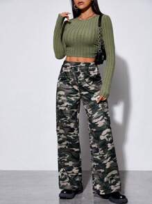 SHEIN PETITE Solid Crop Tee & Camo Print Wide Leg Pants - Army Green - View 1