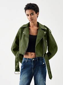 SHEIN BIZwear Zip Up Belted PU Leather Moto Jacket - Green - View 5