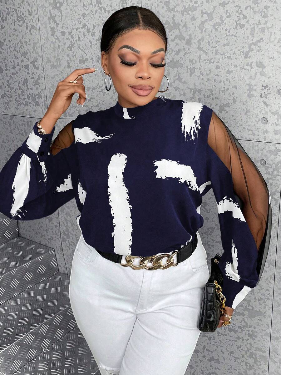 Maweii 大碼筆刷圖案網紗拼接小高領襯衫 - 藏蓝色 - 查看 1