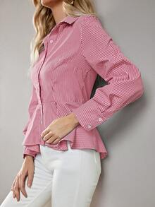 SHEIN BIZwear Striped Print Ruffle Hem Button Front Shirt - Red - View 6