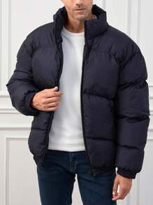 SHEIN Cottnline Men Slant Pockets Zip Up Puffer Coat - Navy Blue - View 4