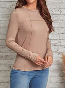 EMERY ROSE Chất rắn Đường may Chi tiết Áo thun - Bụi hồng - Xem 4