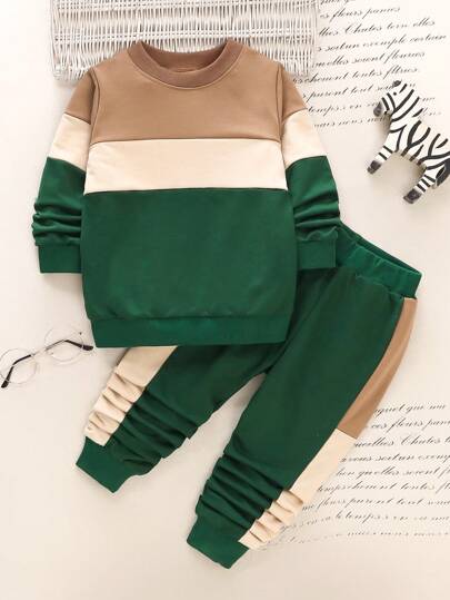 SHEIN Young Boy Colorblock Sweatshirt & Sweatpants