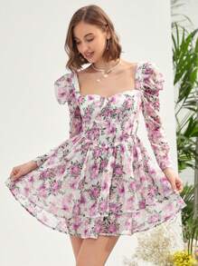 Enchnt 印花雞心領口羊腿袖洋裝 - 粉色 - 查看 1