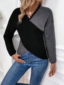 SHEIN LUNE Two Tone Lace Trim Drop Shoulder Crossover Sweater - Grey - View 4