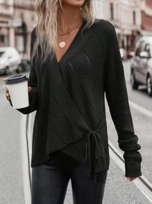 SHEIN Clasi 落肩袖側打結圍裹開襟衫 - 黑色 - 查看 5