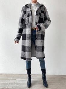 SHEIN Essnce Solid Drop Shoulder Flap Detail Teddy Coat - Black - View 4