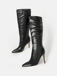 SheIn SXY 女士尖頭釘跟側拉鍊冬季靴 - 黑色 - 查看 1