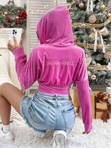 SHEIN Unity Của phụ nữ Dây rút áo có mũ Nhung Áo khoác - Hồng - Xem 3