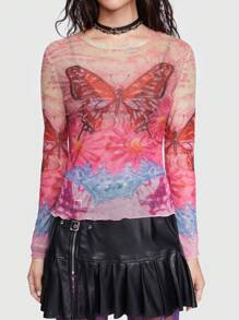 ROMWE Butterfly Print Lettuce Trim Mesh Top Without Bra - Multicolor - View 2