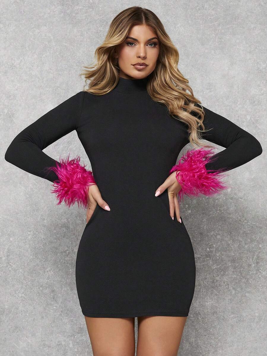 SHEIN BAE 小高領毛茸茸袖口緊身洋裝