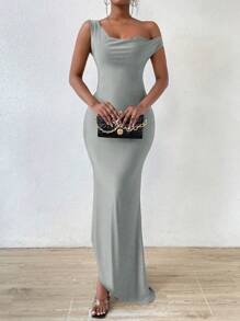 SHEIN Slayr 素色不對稱領垂墜露背洋裝 - 灰色 - 查看 6