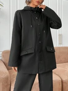 SHEIN EZwear Flap Detail Drop Shoulder Drawstring Hooded Coat