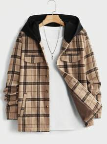 Manfinity RebelGame Loose Fit Men's Plaid Printed Hooded Overcoat Without T-Shirt - Khaki - View 6