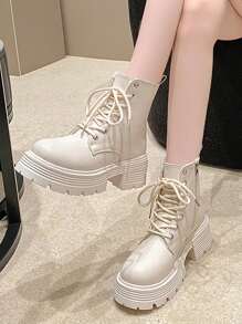 Mulheres Botas De Moda , Caloroso E Ankle Boots E Botas Curtas Para Mulheres , Tamanho Grande ; Sola Grossa , Afivelado Motocicleta Botas , Novo Estilo Coreano Couro Do Plutônio Superfície Mulheres Botas , Confortável Sola Macia Bezerro Médio Mulheres Botas