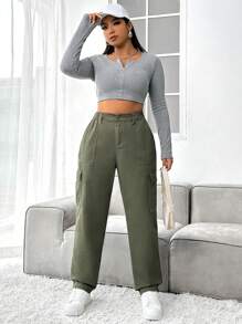 SHEIN EZwear Hơn Túi nắp bên cạnh Quần jean chở hàng - xanh quân đội - Xem 4