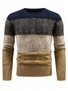 Manfinity Homme 男士撞色几何图案毛衣，秋冬季长袖上衣 - 卡其色 - 查看 3