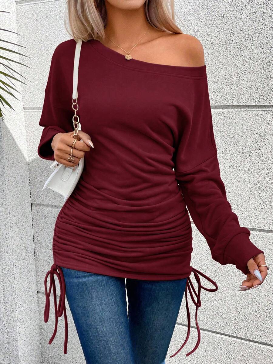 SHEIN LUNE 素色側抽繩落肩袖運動衫 - 酒紅色 - 查看 1
