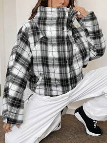 SHEIN EZwear 格子印花女式冬季保暖棉服 - 黑與白 - 查看 4