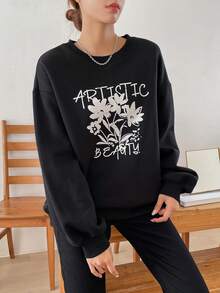 DAZY Floral & Letter Graphic Drop Shoulder Thermal Lined Sweatshirt - Black - View 6