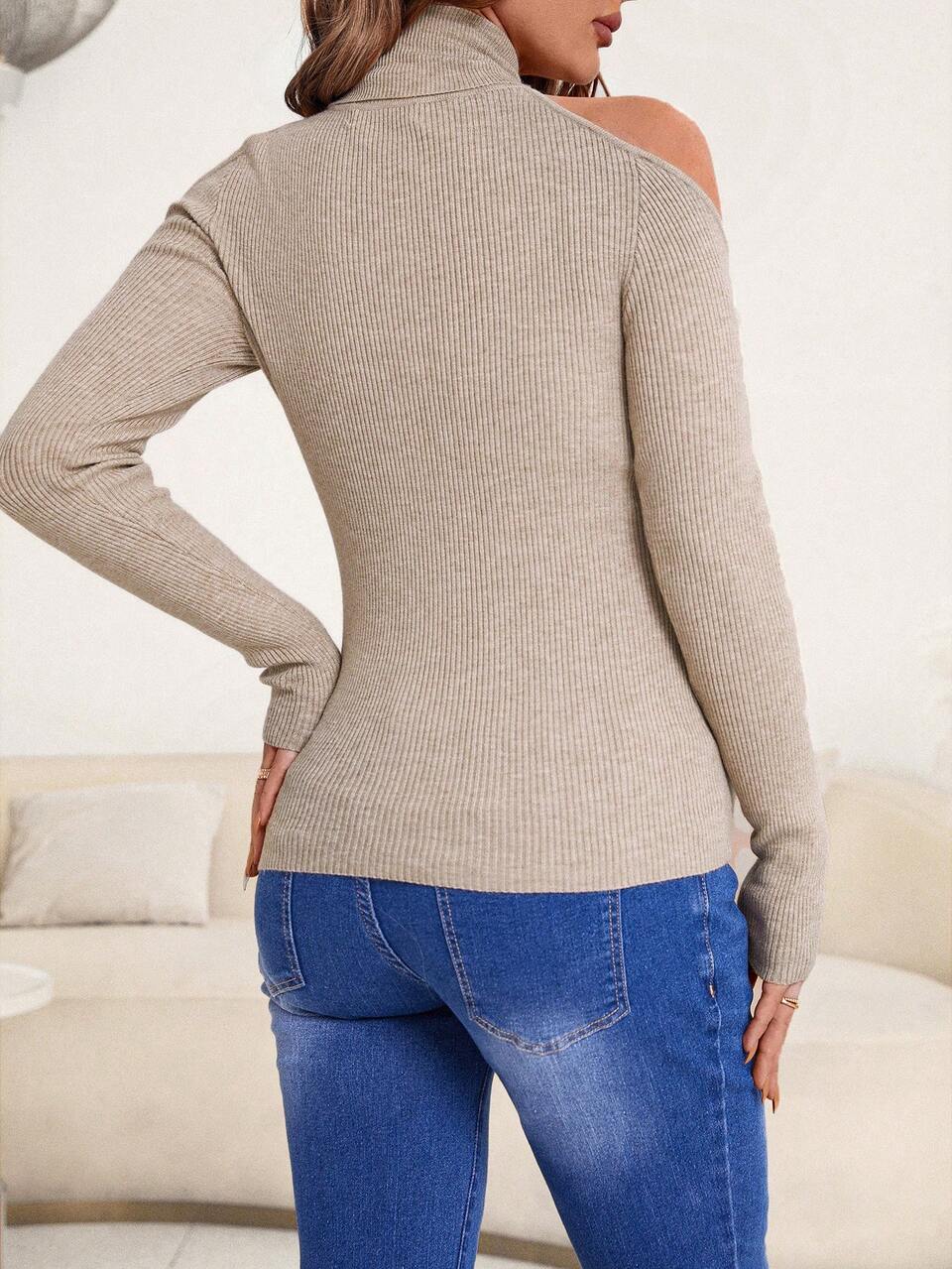 Maternity Turtleneck Cold Shoulder Ribbed Knit Sweater