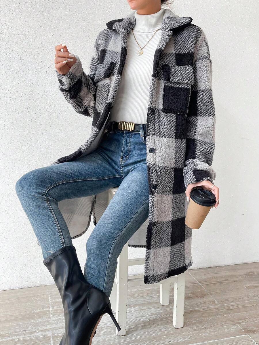 SHEIN Essnce Solid Drop Shoulder Flap Detail Teddy Coat - Black - View 1