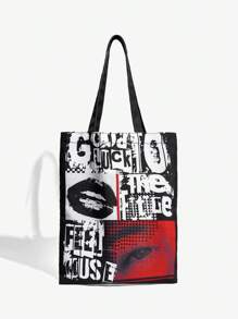 SHEIN ICON Fashionable Black Shoulder Bag With Letter Print For Storage - Black - View 2