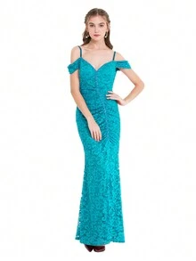 ANGEL FASHIONS Vai lạnh Xù Nàng tiên cá Hem Đầm vũ hội - Màu xanh ngọc - Xem 1