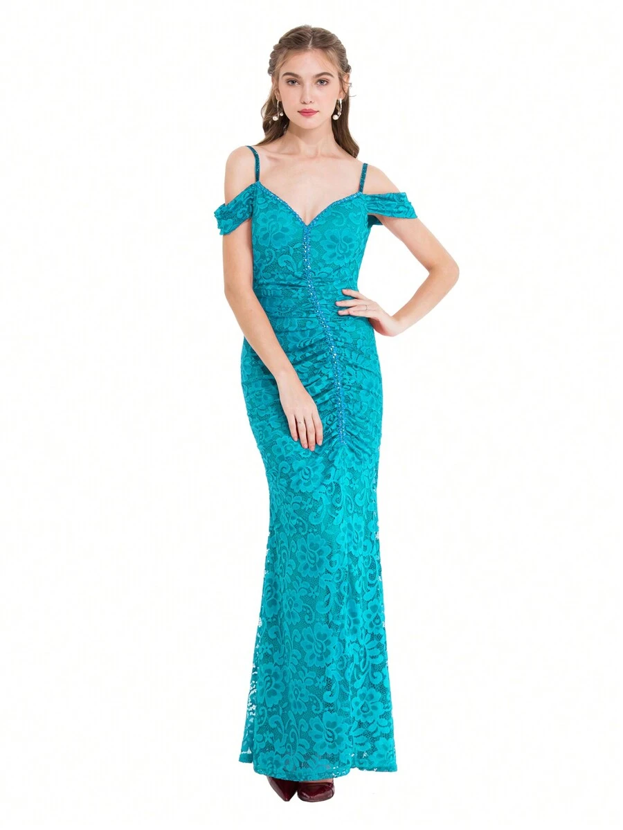 ANGEL FASHIONS Vai lạnh Xù Nàng tiên cá Hem Đầm vũ hội - Màu xanh ngọc - Xem 1