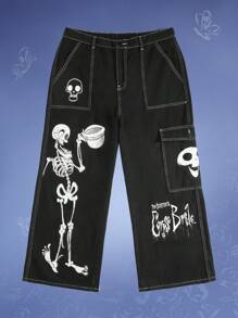 Corpse Bride | ROMWE 大碼骷髅圖案闊腿牛仔褲 - 黑色 - 查看 1
