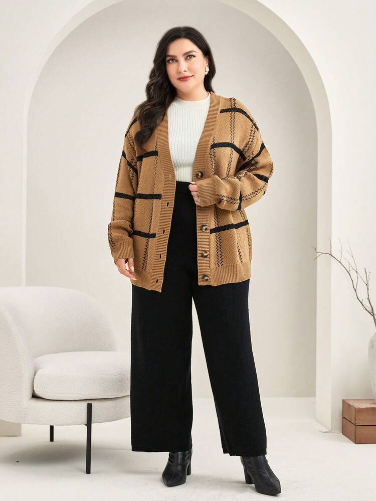 Plus 1pc Plaid Pattern Drop Shoulder Cardigan & 1pc Knit Pants