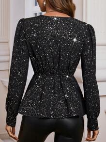 Zolique Surplice Neck Asymmetrical Hem Glitter Blouse Fall Cloth For Women