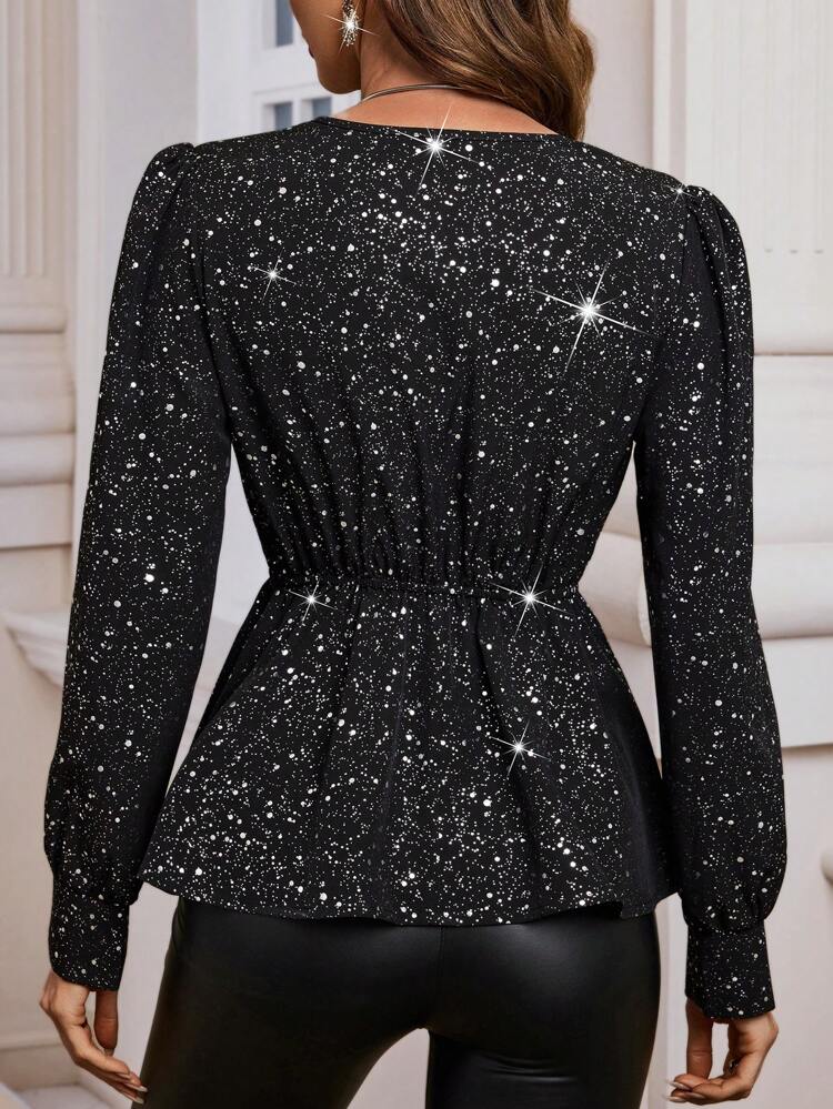 Surplice Neck Asymmetrical Hem Glitter Blouse Fall Cloth For Women