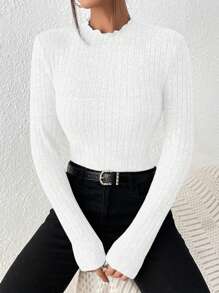 SHEIN Frenchy Mock Neck Ribbed Knit Textured Fabric Tee Winter White