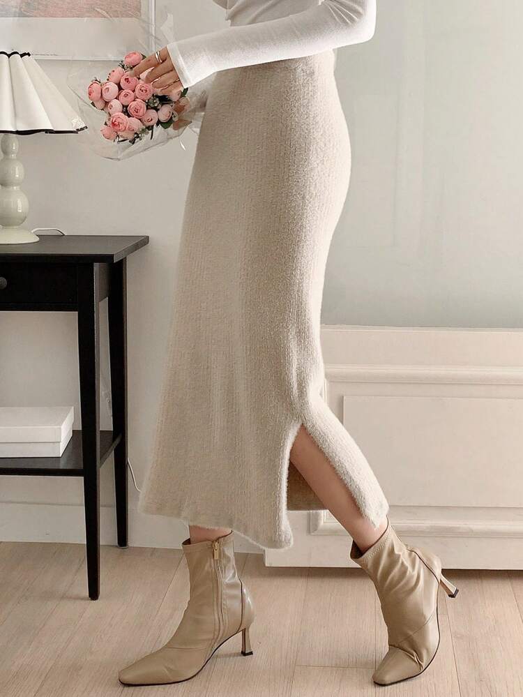 Split Hem Ribbed Knit Sweater Skirt Fall,Winter