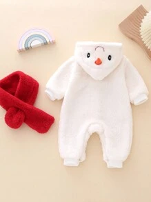 女嬰卡通刺繡3D耳朵設計連帽絨毛連身褲&圍巾適用於聖誕 - 白色 - 查看 8