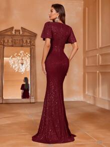 Plunging Neck Butterfly Sleeve Sequin Prom Dress - Burgundy - View 2