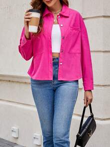 Drop Shoulder Pocket Patched Shirt - Hot Pink - View 6