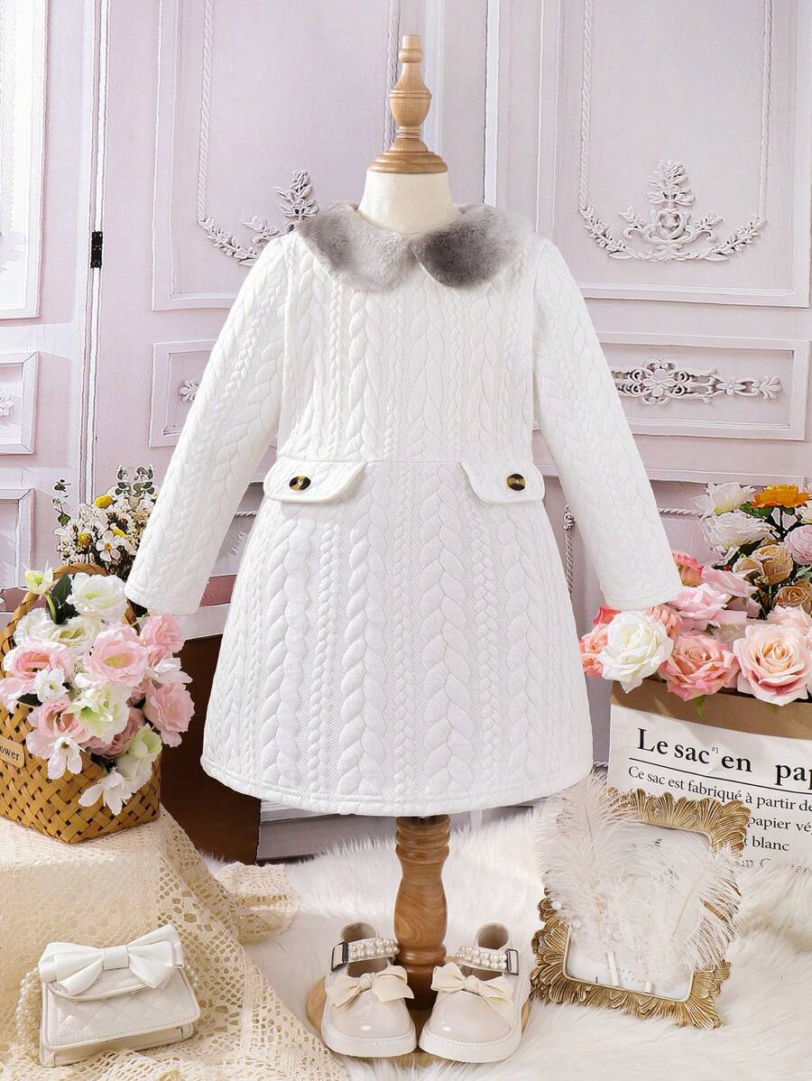 SHEIN 女小童拼接領翻蓋細節洋裝 - 白色 - 查看 1