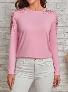 EMERY ROSE Solid Contrast Lace Tee - Pink - View 1