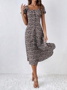 SHEIN Frenchy In hoa Ditsy Nút phía trước Đầm - màu đen - Xem 4