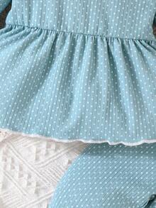 女嬰波卡圓點木耳邊花邊下擺上衣&緊身打底褲